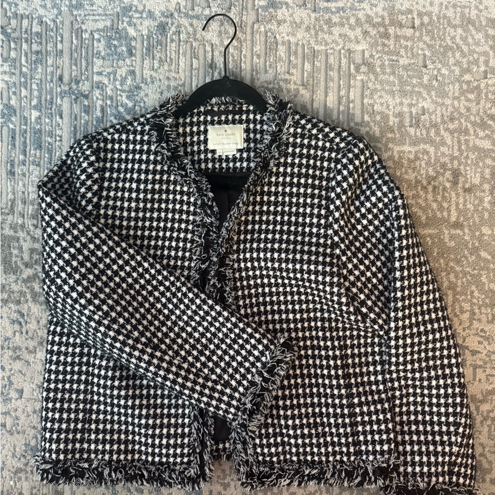 kate spade Black and White Houndstooth tweed Blazer with Frayed Hem